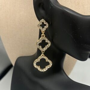 Gold Tone Black Clover Drop Earrings with Crystal Accents